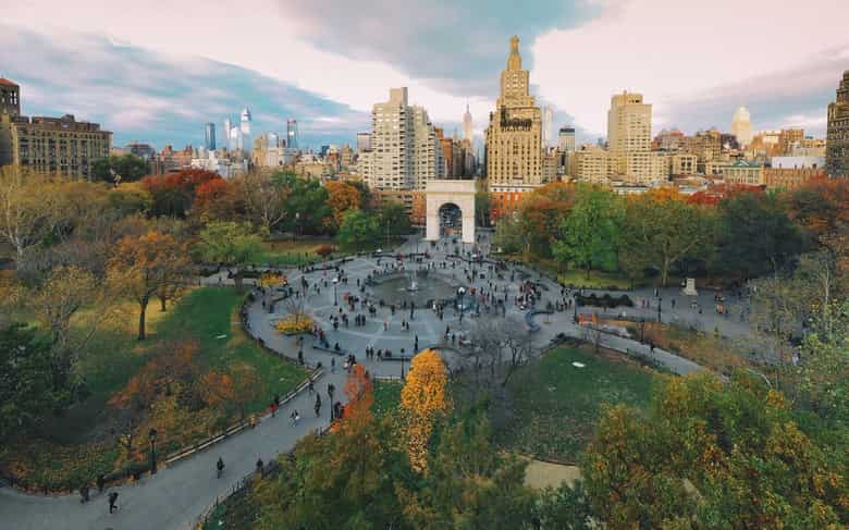 a wide view of Washington Square Park