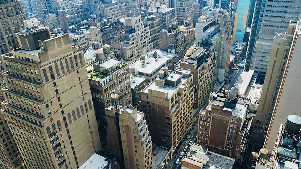 an image of a new york city block drone view